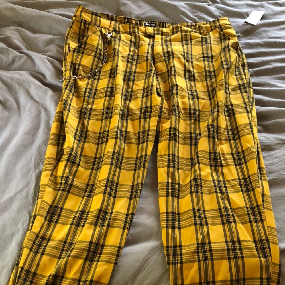 Yellow plaid pants with detachable chain